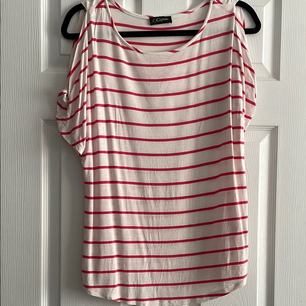 Women's White and Red Striped Top
